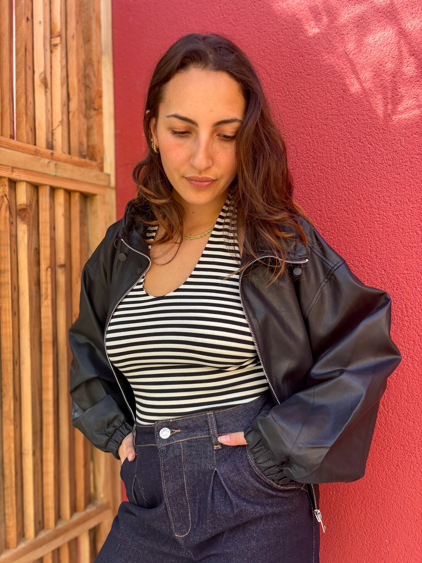 Veste courte similicuir col montant