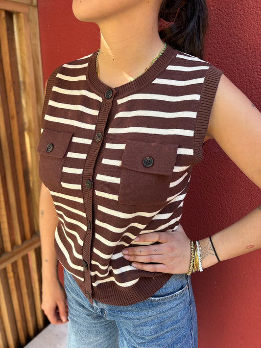 Gilet en maille rayé chocolat et crème