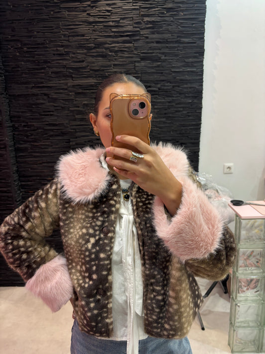Veste fausse fourrure bambi col rose