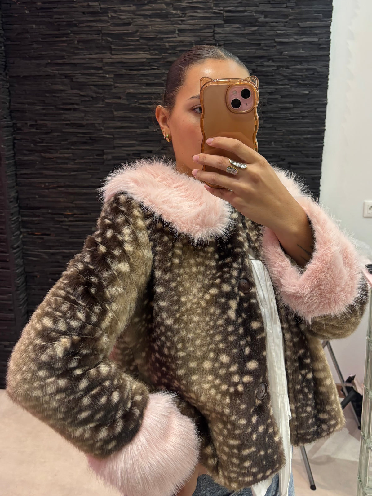 Veste fausse fourrure bambi col rose